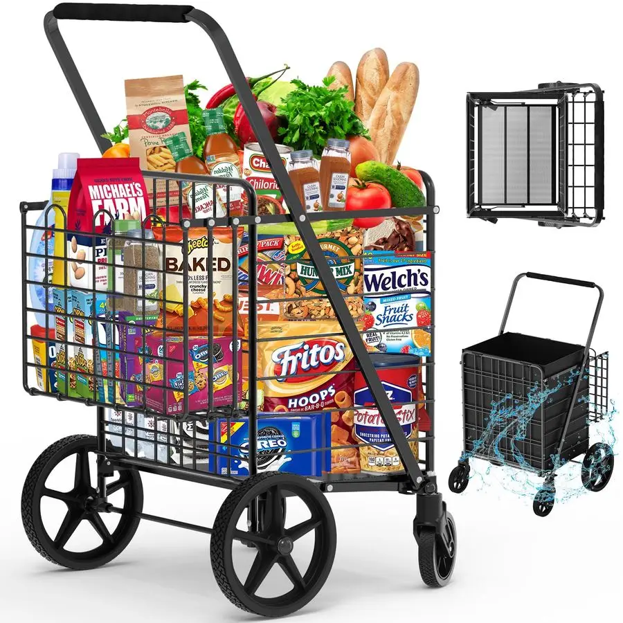 

Capacity Shopping Cart,Upgrade Huge Grocery Cart on Wheels,Heavy Duty Foldable Utility Shopping Carts with Double Basket and 360