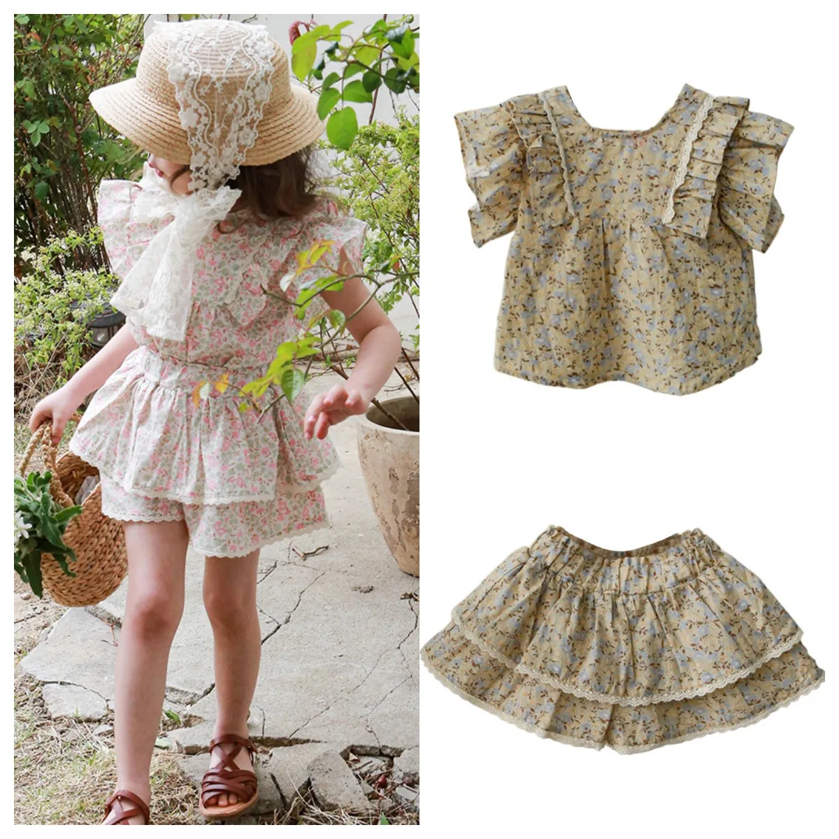 

Детский летний комплект для девочек: милые рубашки и юбки-шорты с цветочным принтом и бахромой, новинка 2026 года, корейский стиль