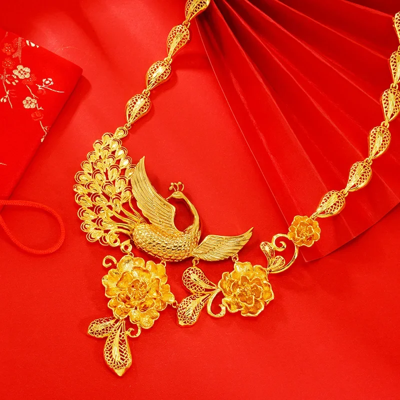 Luxury Peacock Shape Dubai Jewelry Necklace Ladies Bridal Jewelry Gold Color Arab Necklace Jewelry Wedding Accessories