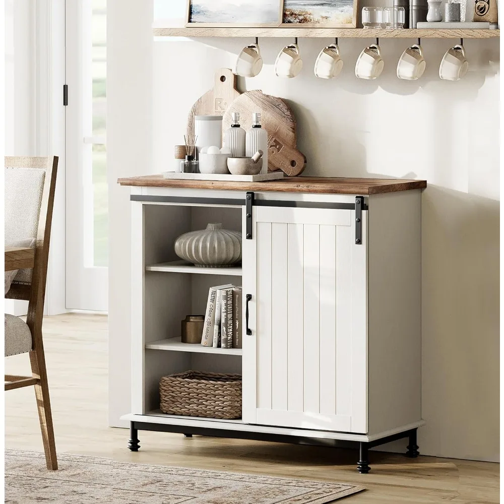 Farmhouse Buffet Sideboard Cabinet with Sliding Barn Door, Wood Coffee Bar Table with Adjustable Shelf & Metal Leg, Accen