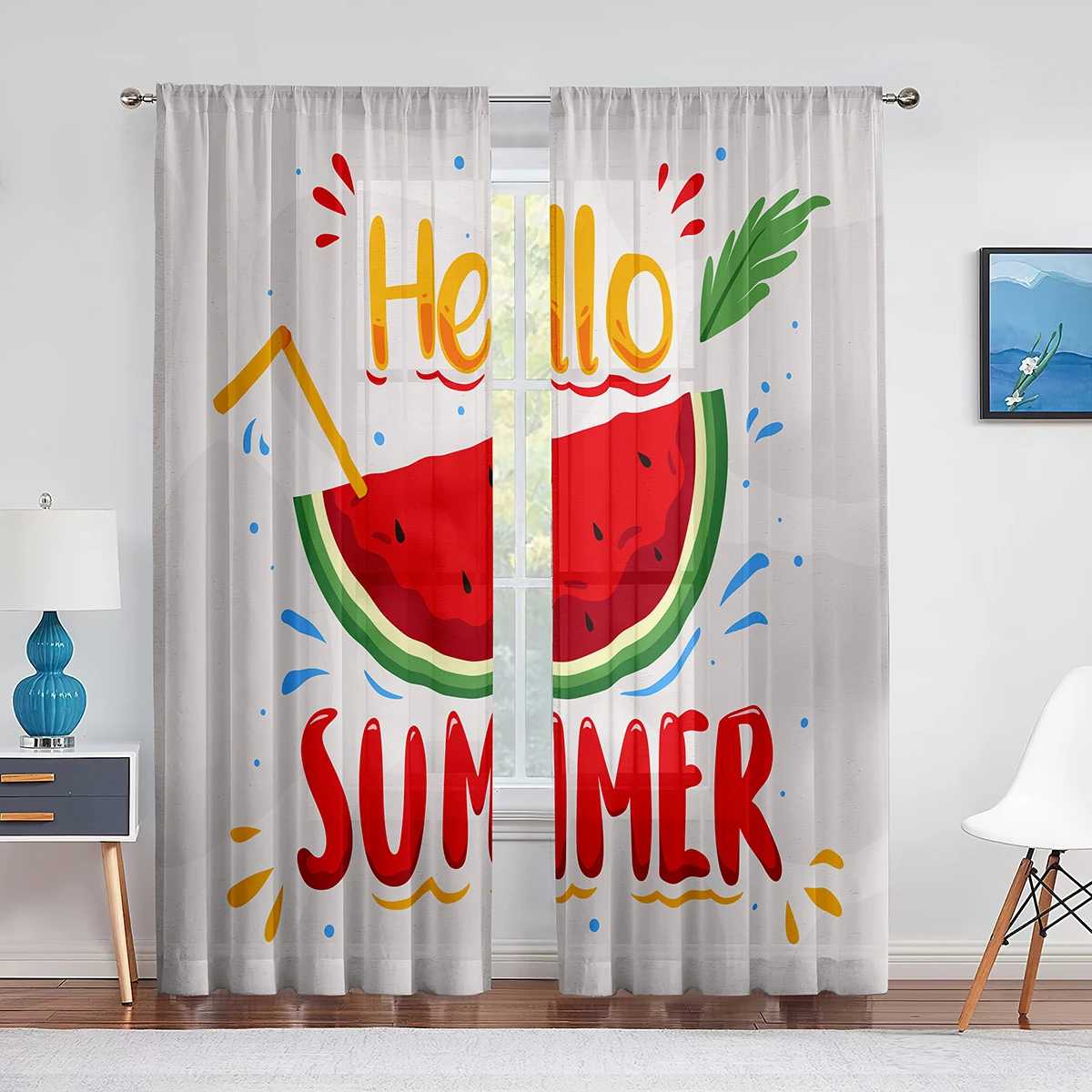 Hello Summer Sheer Voile Curtains Watermelon Fruit Food Summer Painting Window Tulle Curtains for Living Room Bedroom Kitchen