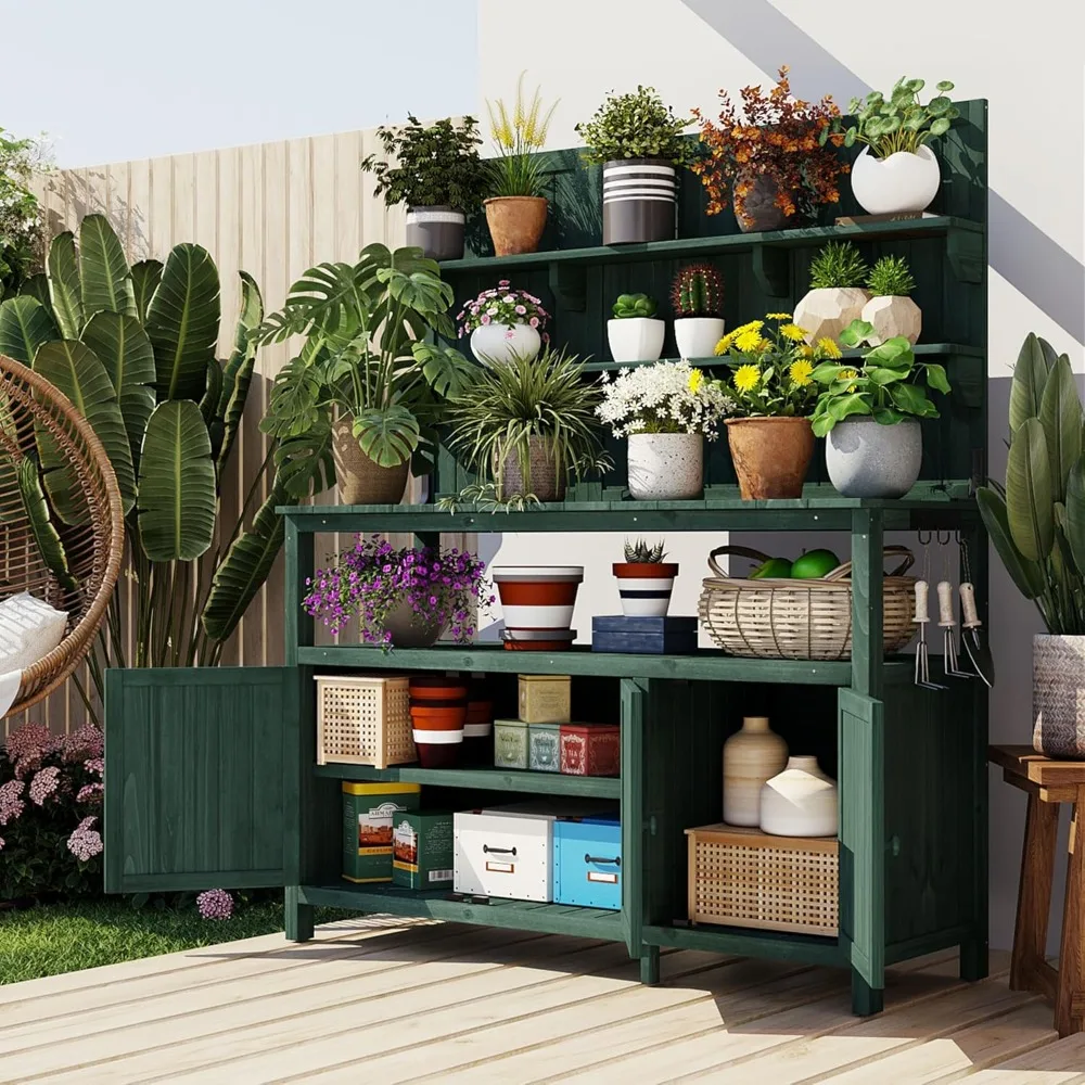 

50.2" Solid Fir Wood Patio Potting Bench with Hutch, Garden Workstation with Large Countertop,2 Shelves,2 Cabinets,3 Side Hooks,