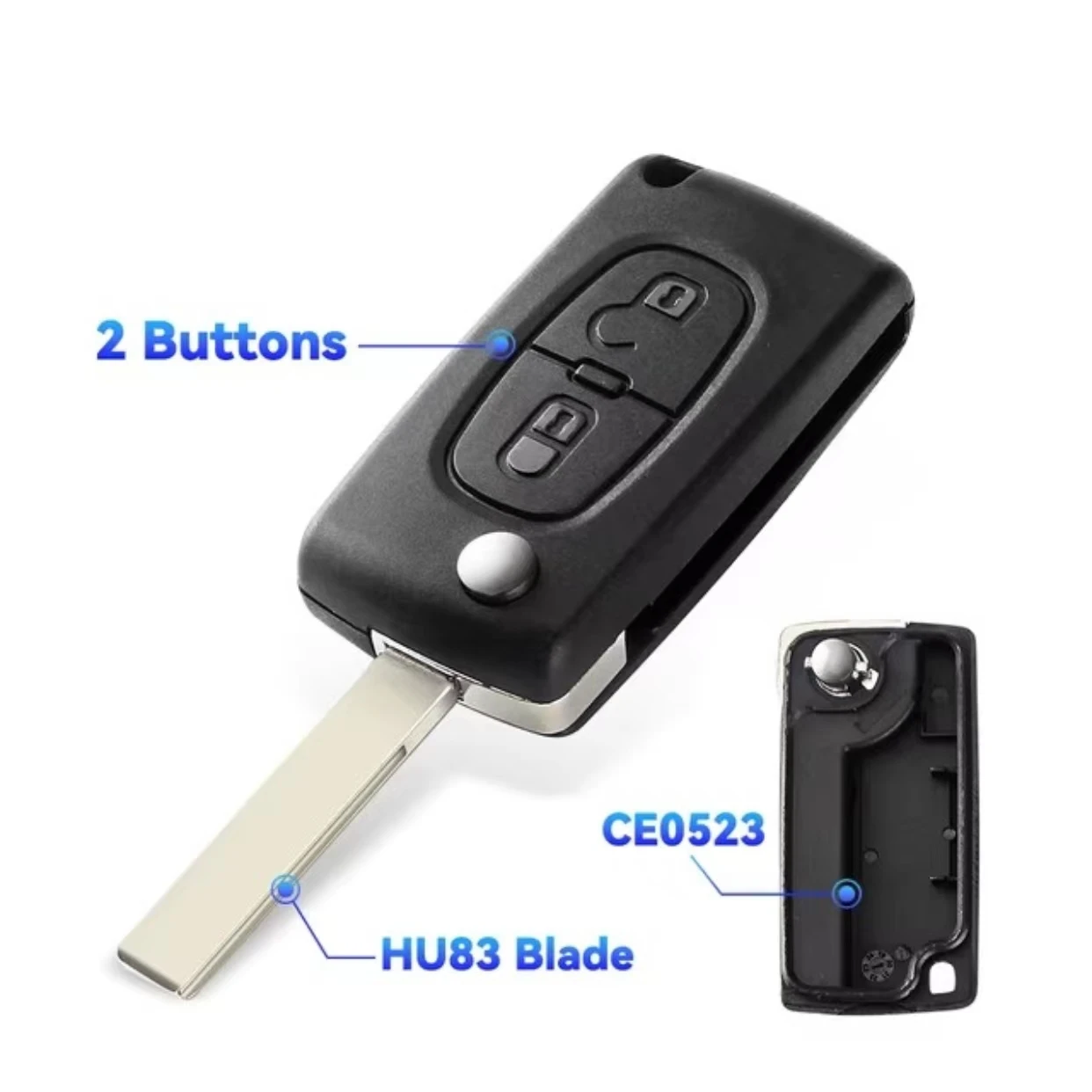 jingxin 0523/0536 Autoschlüssel-Gehäuse Ersatz 2 Tasten Klapp-Fernbedienungsgehäuse für Peugeot 307 207 308 Fernbedienungsgehäuse HU83/VA2 Klinge – Detail 2