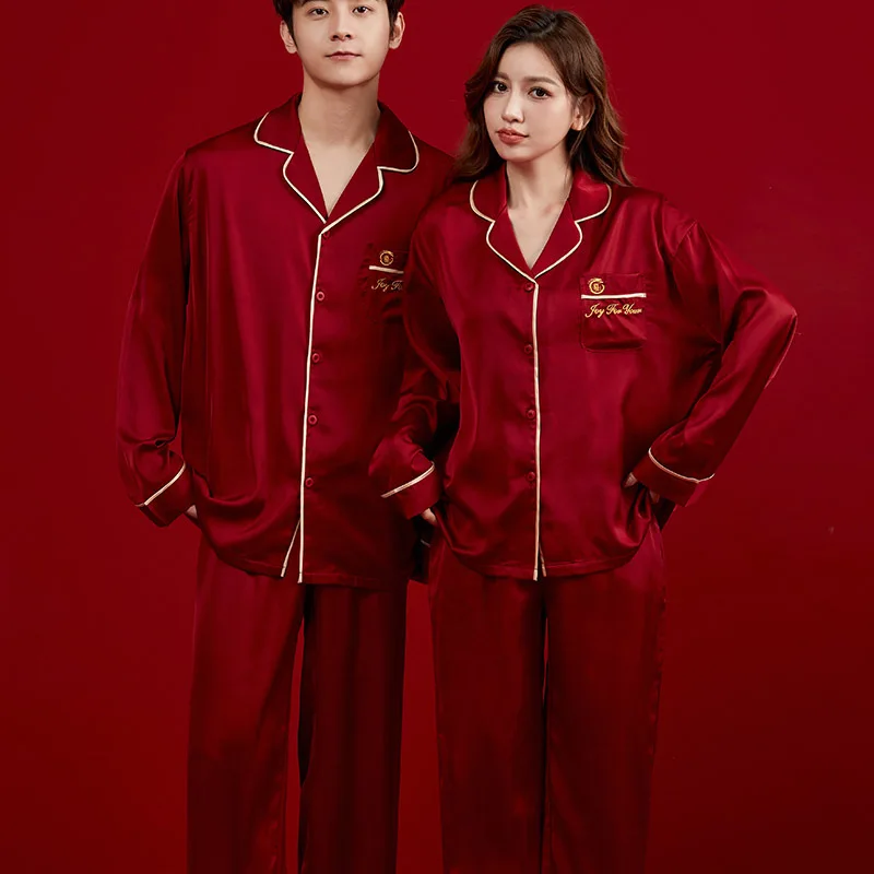 Spring Autumn Red Satin Female Male Couples Wedding Pajamas Sets Fashion Women Men Lovely Ice Silk Sleepwear