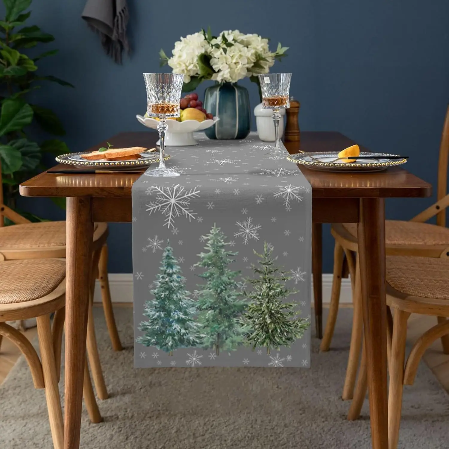 Christmas Green Pine Tree Snowflake Linen Table Runner Dresser Scarves Winter Xmas Kitchen Table Runner Navidad Decorations