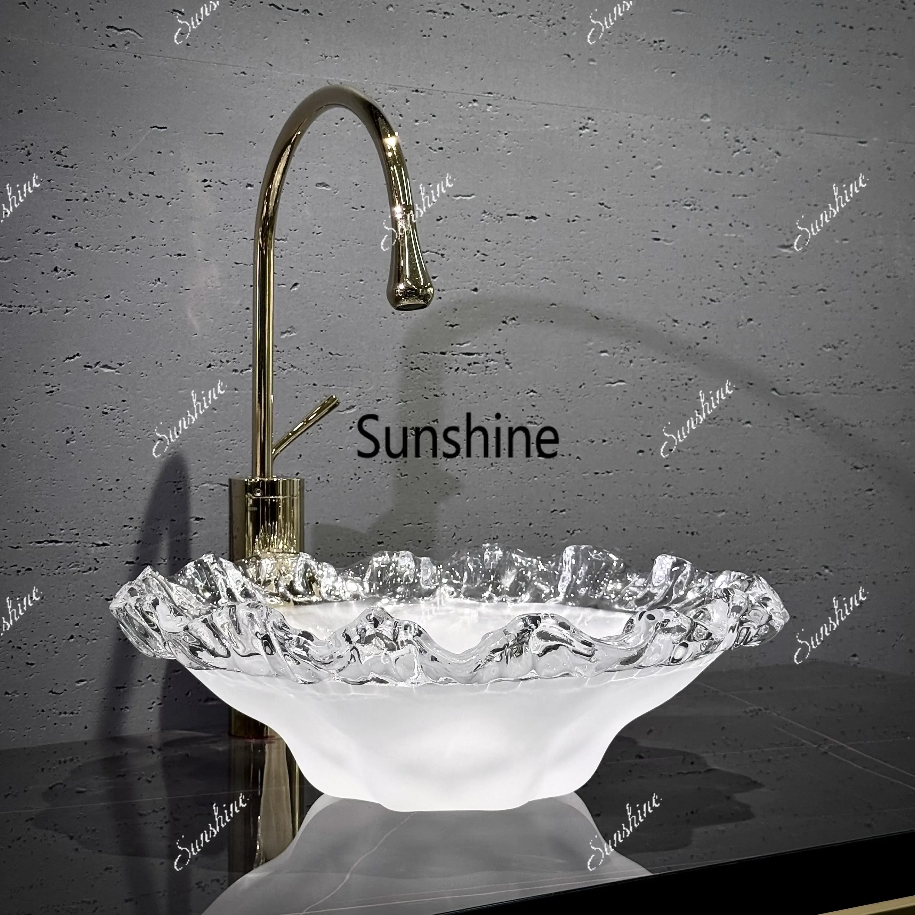 Light luxury amber wavy edge glass countertop basin bathroom art wash basinT*