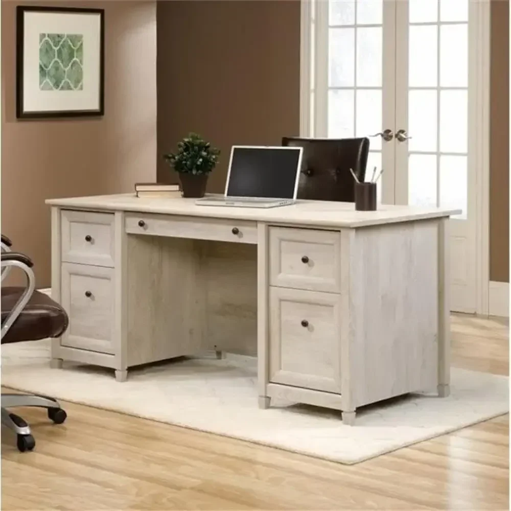 Wide 65 Chalked Chestnut Office Desk with 4 Drawers, Drop-Down Panel, Grommet Hole, Ideal for Executive or Home Office
