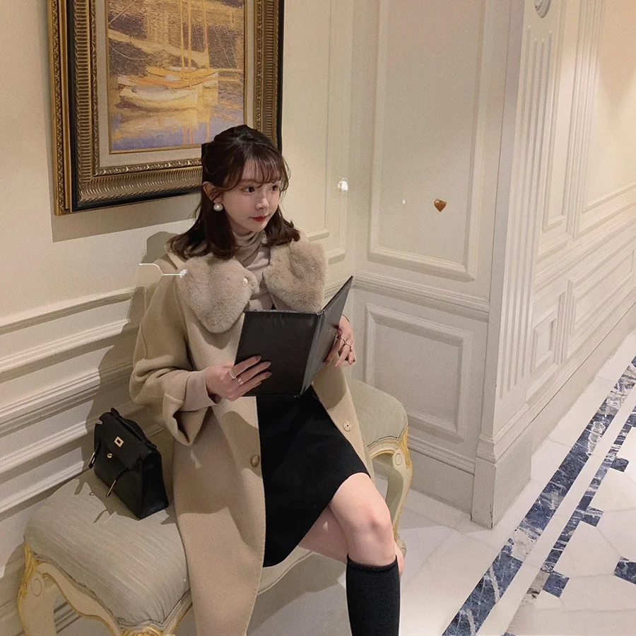 

Шерстяное пальто Nara Little Milk Rabbit со съемным воротником-кроликом, коврик Sweet Sle Long Sve round Ne Pure Color для поездок на работу