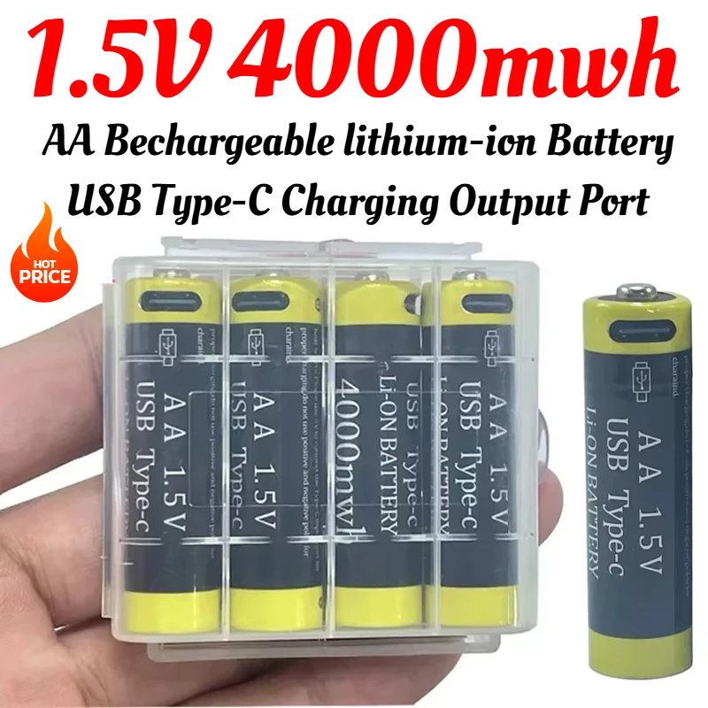 100% New AA 1.5V 4000mwh Rechargeable Li-ion Battery for Mouse Remote Control Small Fan Electric Toy Batteries USB Type-C Cable