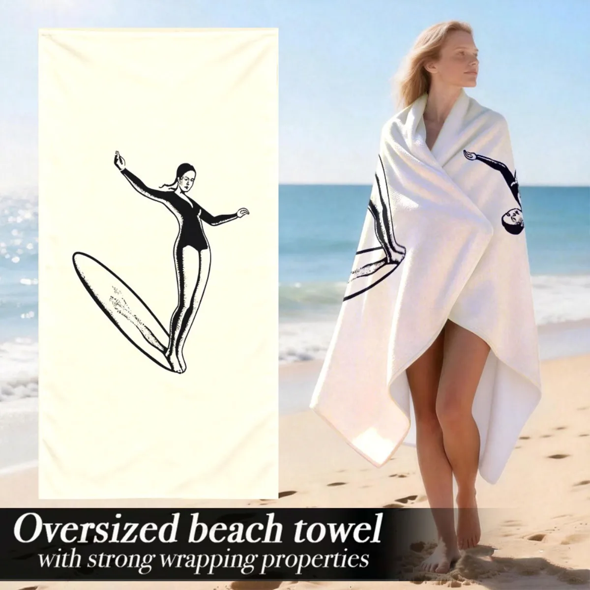 Retro Surf Girl Print Beach Towel, The Pattern Is Sun-Protective And Windproof, Suitable For Swimming Pools, Camping And Travel.