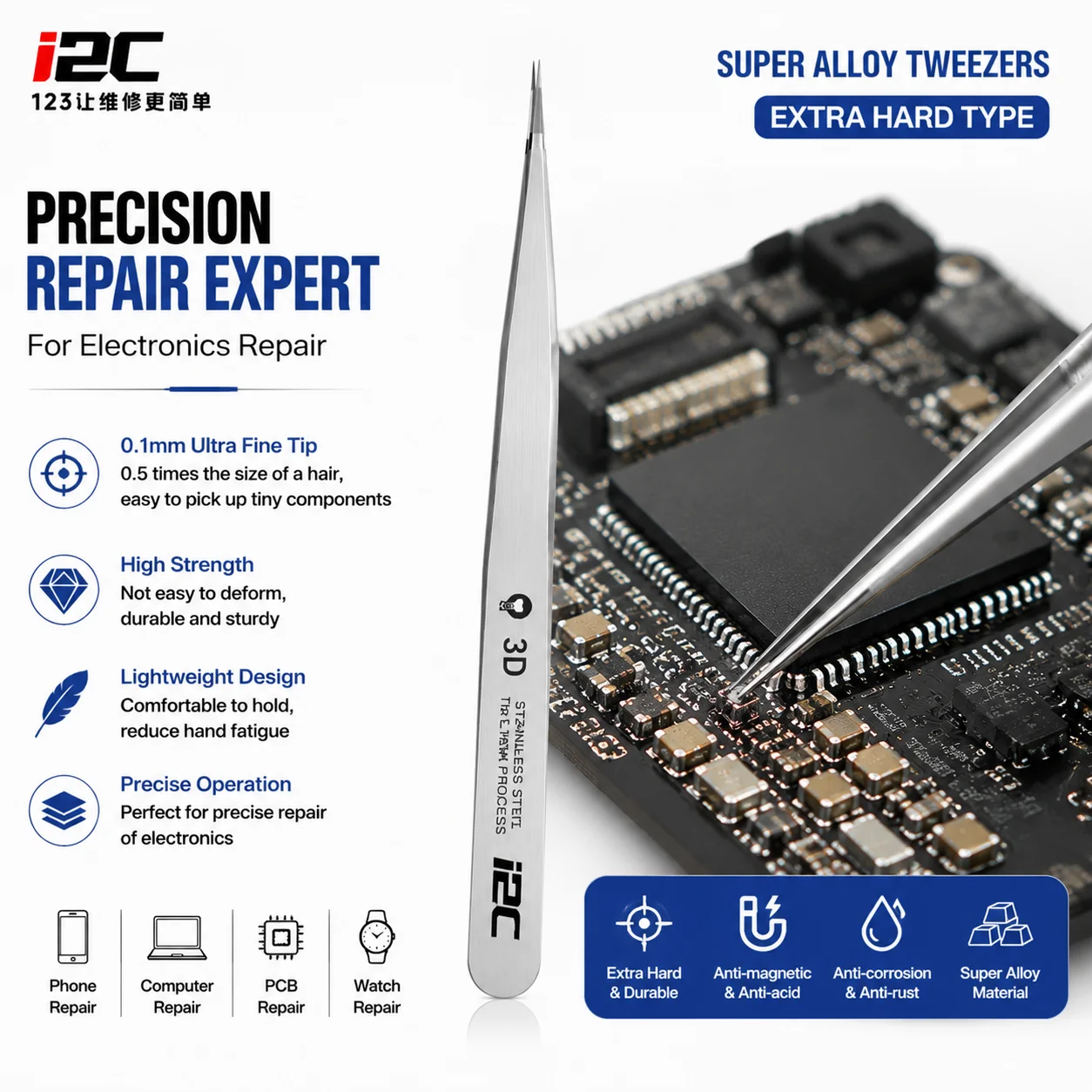 I2C NS Series 2.5D 3D Super Alloy Tweezers Precision Maintenance Tool for Phone Computer PCB Repair