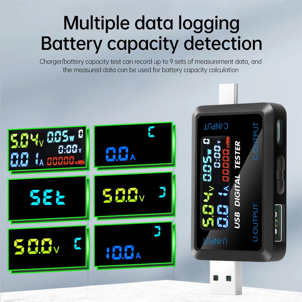 USB Type-C Tester 10 in 1 Current Voltage Capacity Meter DC 4.5-36V 0-8A Digital Voltmeter Ammeter Power Charger Indicator