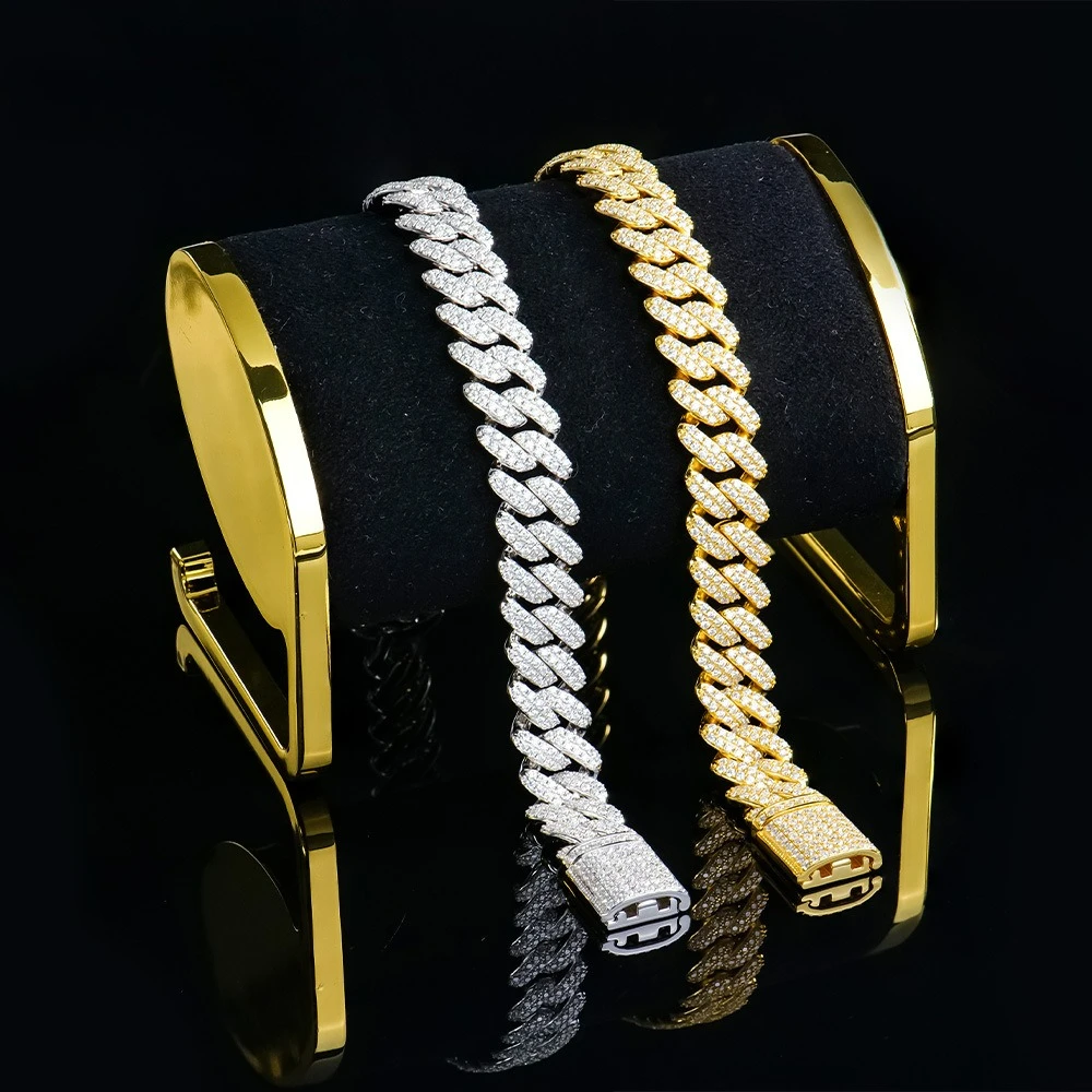 

12mm S925 Silver Cuban Chain Silver Plated Yellow Gold Inlaid 2 Rows of Moissanite Thick Men's High-end Bracelet