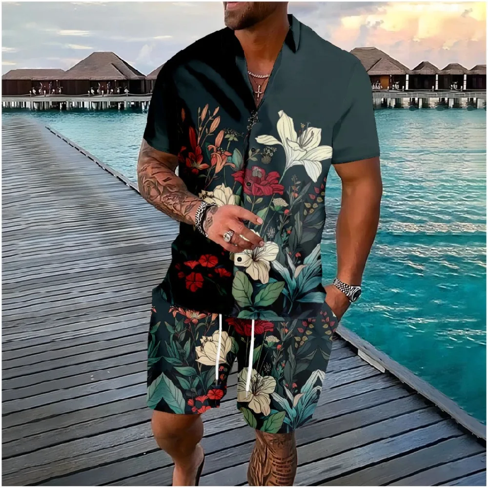 Hawaii bunga multiwarna tombol kemeja celana pendek musim panas motif bunga warna pantai set Hipster Streetwear pakaian olahraga pria