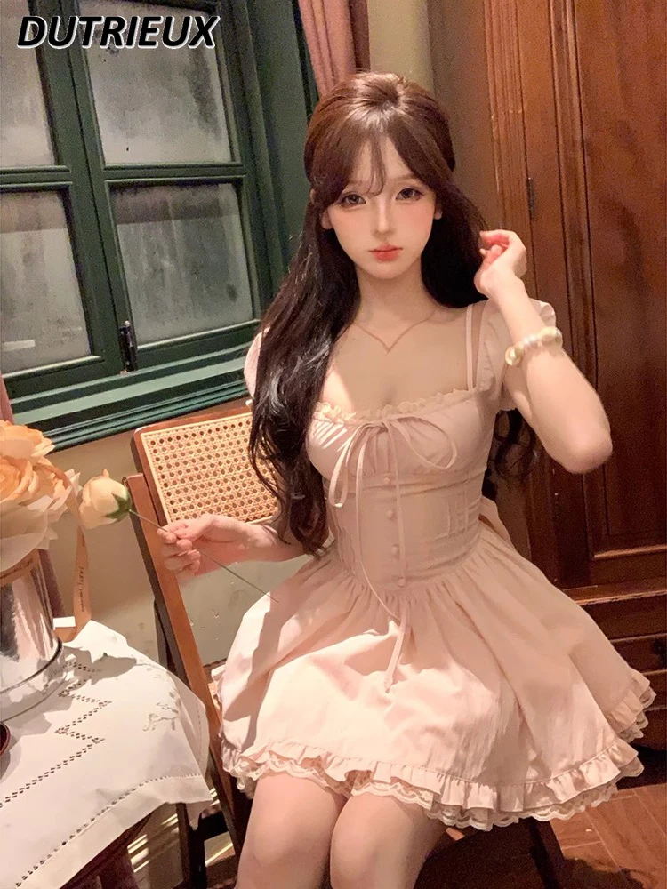 Summer Pink Plump Girls French Sweet Square Collar Bow Dress Women\'s Design Sense Short Sleeve Fitted Waist Bubble Dresses