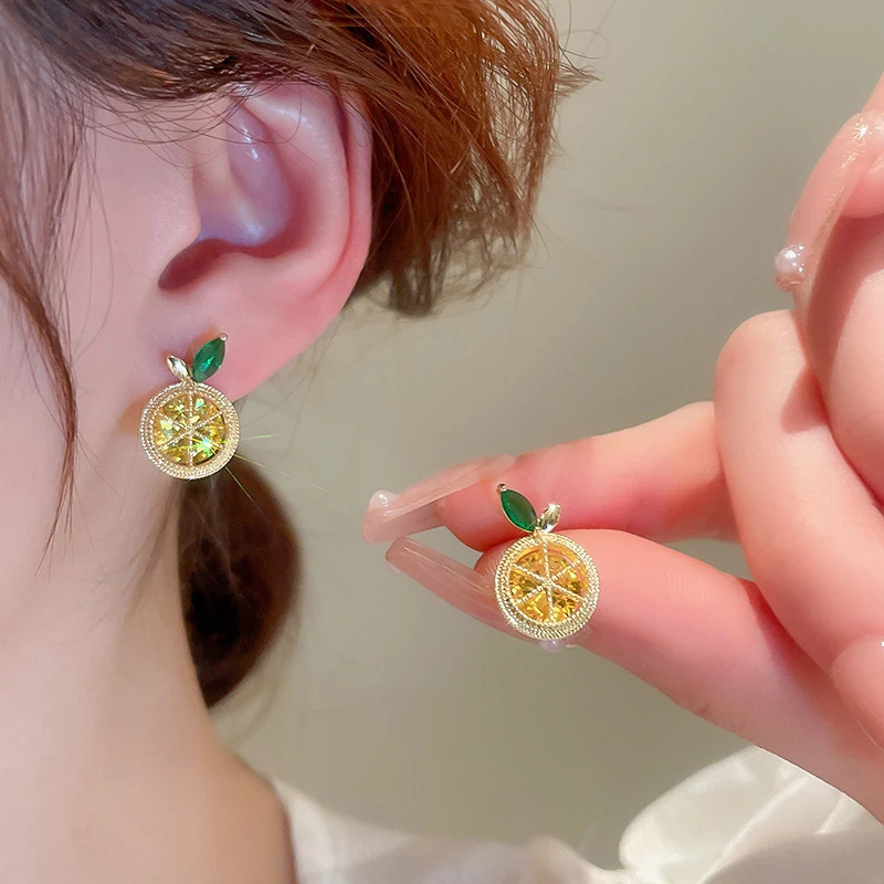 1Pair Fashion Sweet Creative Fresh Orange Lemon Earrings Delicate Rhinestone Fruit Stud Earrings For Women Fine Jewelry Gifts