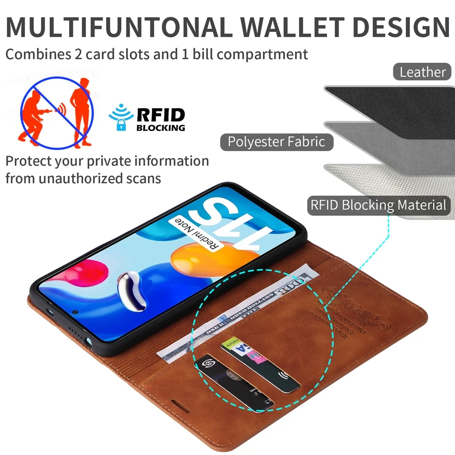 Skórzane etui z klapką dla Xiaomi Redmi 10, 10C, 9A, 9C, 9T, Note 11, 11S, 11 Pro, 10S, 9, 8 Pro, Mi Poco, F3, X3, X4, Pro, 11i, 11T — zdjęcie 5