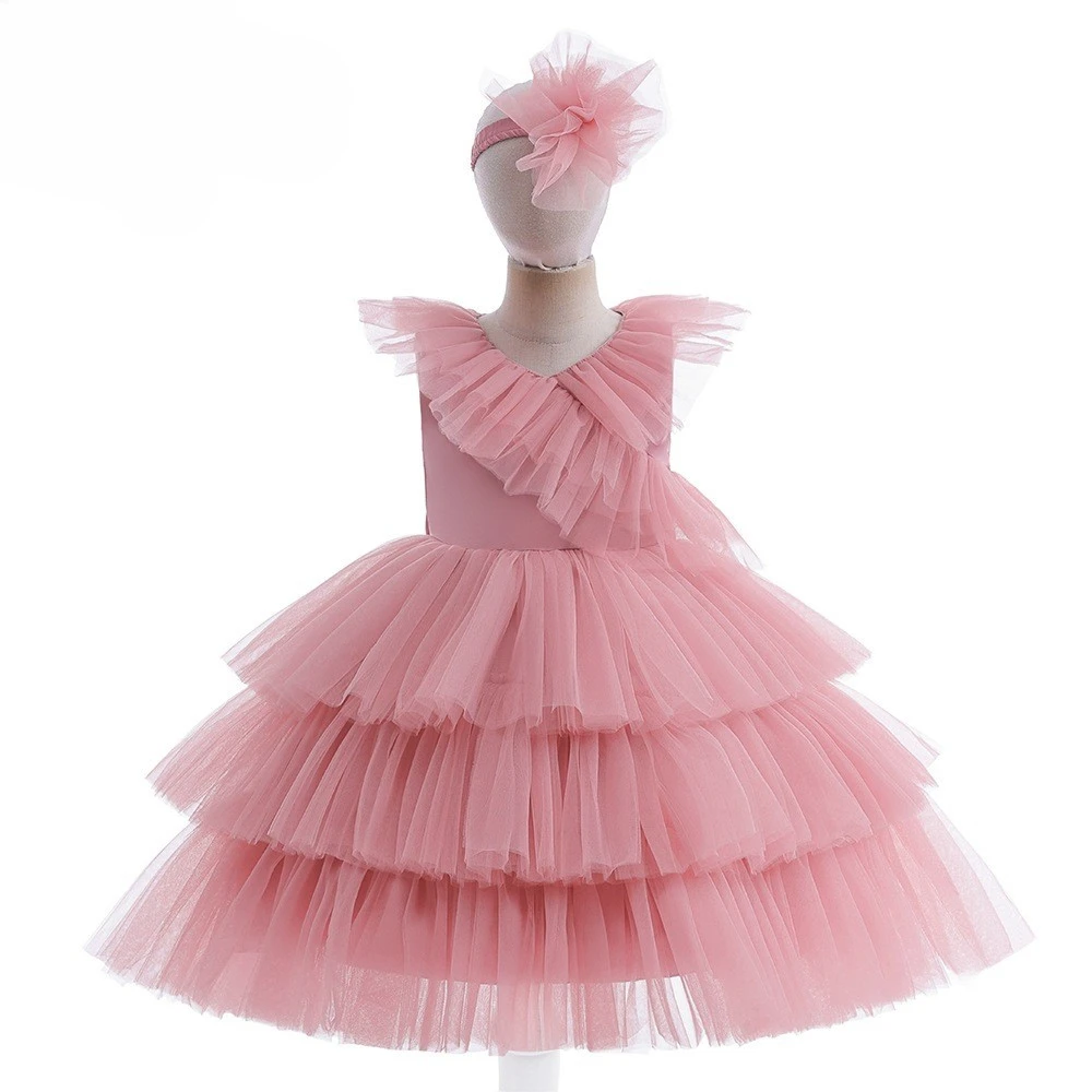 

Children's Full Dress Headwear Tulle Tutu Cake Dress Birthday Rincess Flower Wedding Fluffy Gown Elegant Vestidos For 1-3year