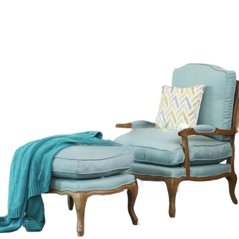 

Belgian American country solid wood oak linen fabric single sofa chair + pedal combination retro furniture