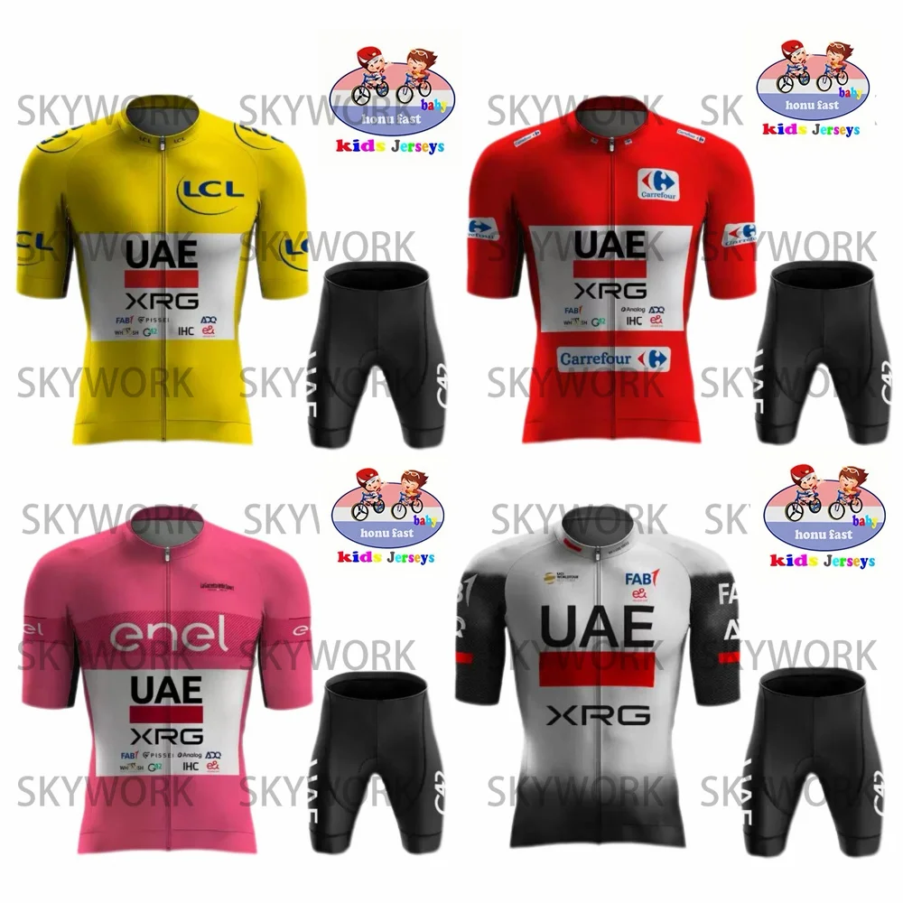 

Детский комплект из дышащего велосипедного трикотажа команды ОАЭ 2025 года, одежда для велоспорта для мальчиков и девочек, детская рубашка для шоссейного велосипеда, костюм, велосипедные штаны