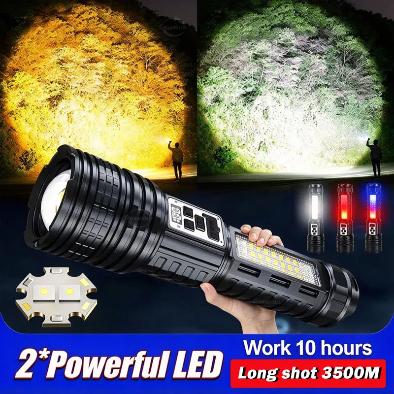 High Power 2*LED Big Flashlight Super Bright COB Rechargeable Flashlights Powerful Long Range 2500M Torch Light Camping Fishing