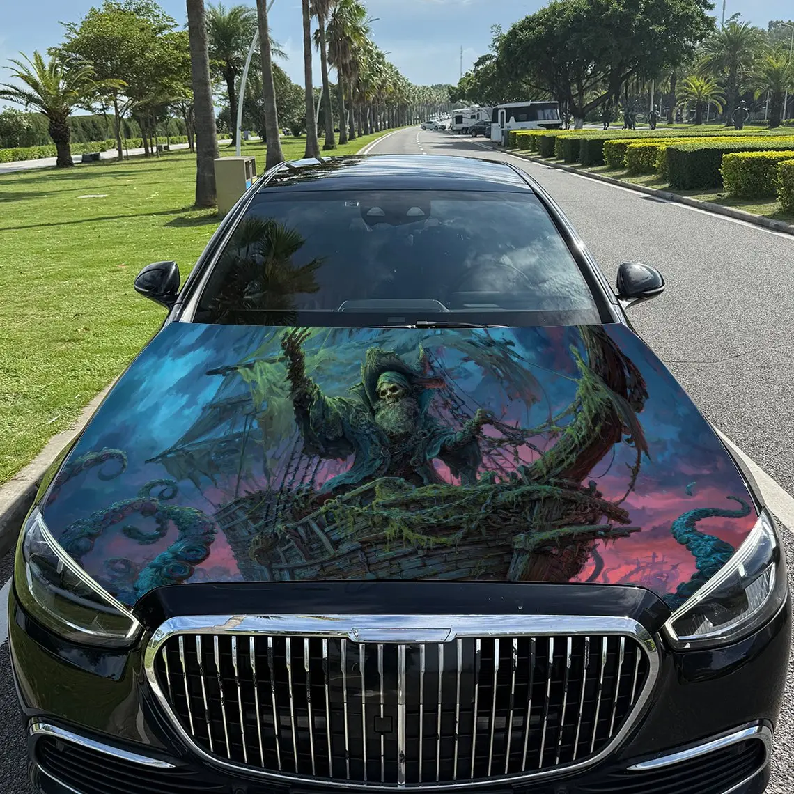 Fantasy Pirate Ship and Octopus Car Vinyl Wrap, PVC Waterproof Car Hood Sticker, Self-Adhesive Scratch-Resistant Stickers for En
