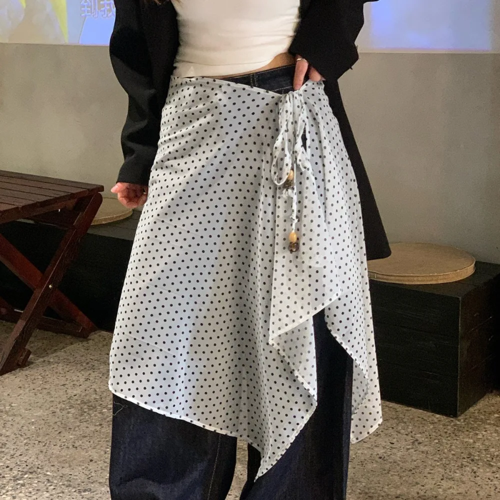 

Юбка миди с высокой талией, кружевная, прозрачная, с асимметричным боковым разрезом, в горошек, в стиле Харадзюку Y2K, уличная мода