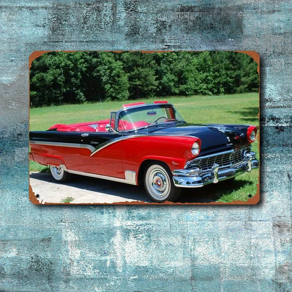 Vintage Car Enthusiast's Dream: Retro Red & Black Classic Car Aluminum Wall Art - Durable, Weather-Resistant, Perfect for Game R