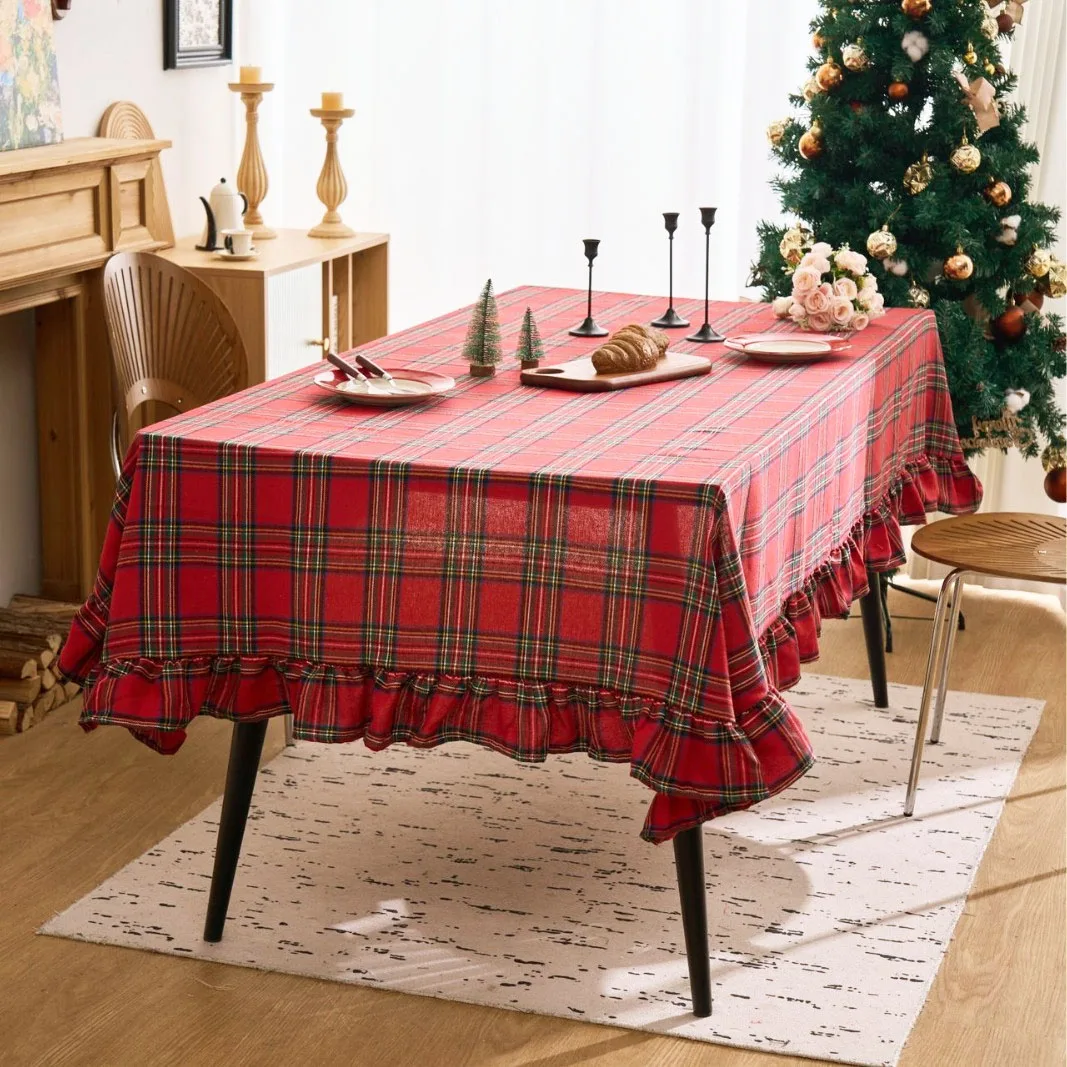 Ruffled Tablecloth Red Green Checkered Plaid Rectangle Decorative Table Cover for Xmas Winter Home Kitchen Holiday Party Decor