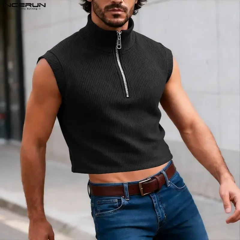 INCERUN Men Tank Tops Solid Color Lapel Sleeveless Zipper Male Vests Streetwear Summer 2026 Fashion Casual Crop Tops Men S-3XL