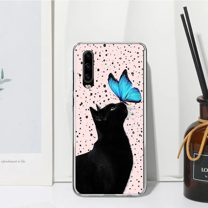القط الأسود حالة الهاتف الكرتون لهواوي p30 p40 p20 p10 لايت ميت 20 10 pro y5 y6 y7 y9s p الذكية z