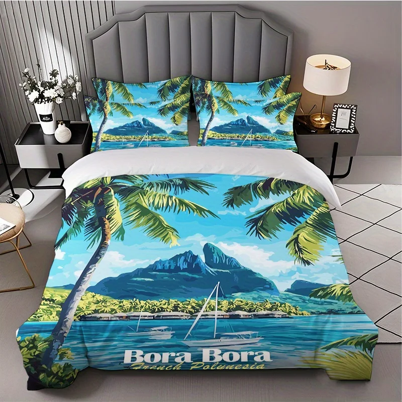 Zippered Duvet Cover Set, Flat Print Duvet Cover Set, French Polynesia Bora Bora Tropical Print Duvet Cover Set, Three-Piece Bedding Set (1*Duvet Cover + 2*Pillowcases), Suitable for All Seasons, Machine Washable, Invisible Zipper Design, Large Double Bed Cover Set, Suitable for Home, Dormitory, Master Bedroom, Guest Room, Bedroom Decor Bedding, Hot-Selling Fantasy Style Duvet Cover Set