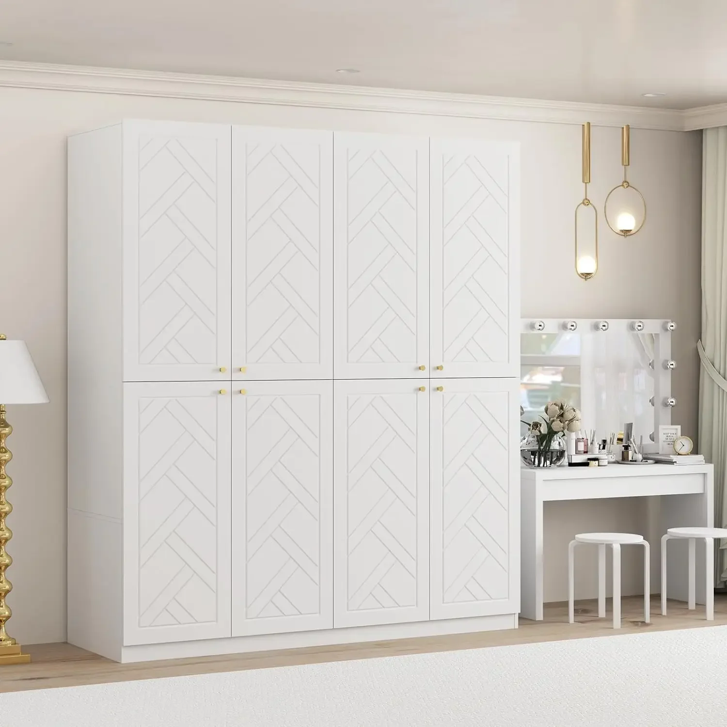 4 Doors White Armoire Wardrobe,Freestanding Clothes Storage Closet with 2 Hanging Rod Shelf 2 Drawers 20.8