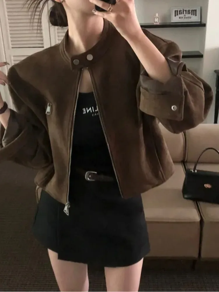 Retro Style Motorcycle Jacket Women's Loose Fit Zipper Pocket Stand Collar Short Coat Casual Outerwear for All Seasons