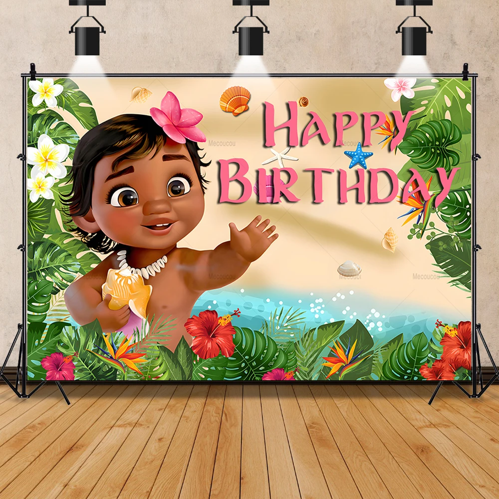 Disney Moana ภาพพื้นหลังที่กําหนดเองเด็กหญิงวันเกิด Baby Shower BANNER การถ่ายภาพตกแต่ง Props อุปกรณ์