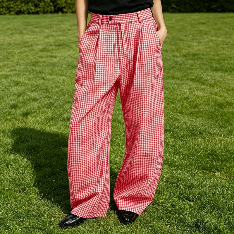 

Men's Plaid Wide Leg Pants Loose Fit Cotton Linen Trousers Male Y2K Streetwear Casual Beach Breathable Elastic Waist Pockets