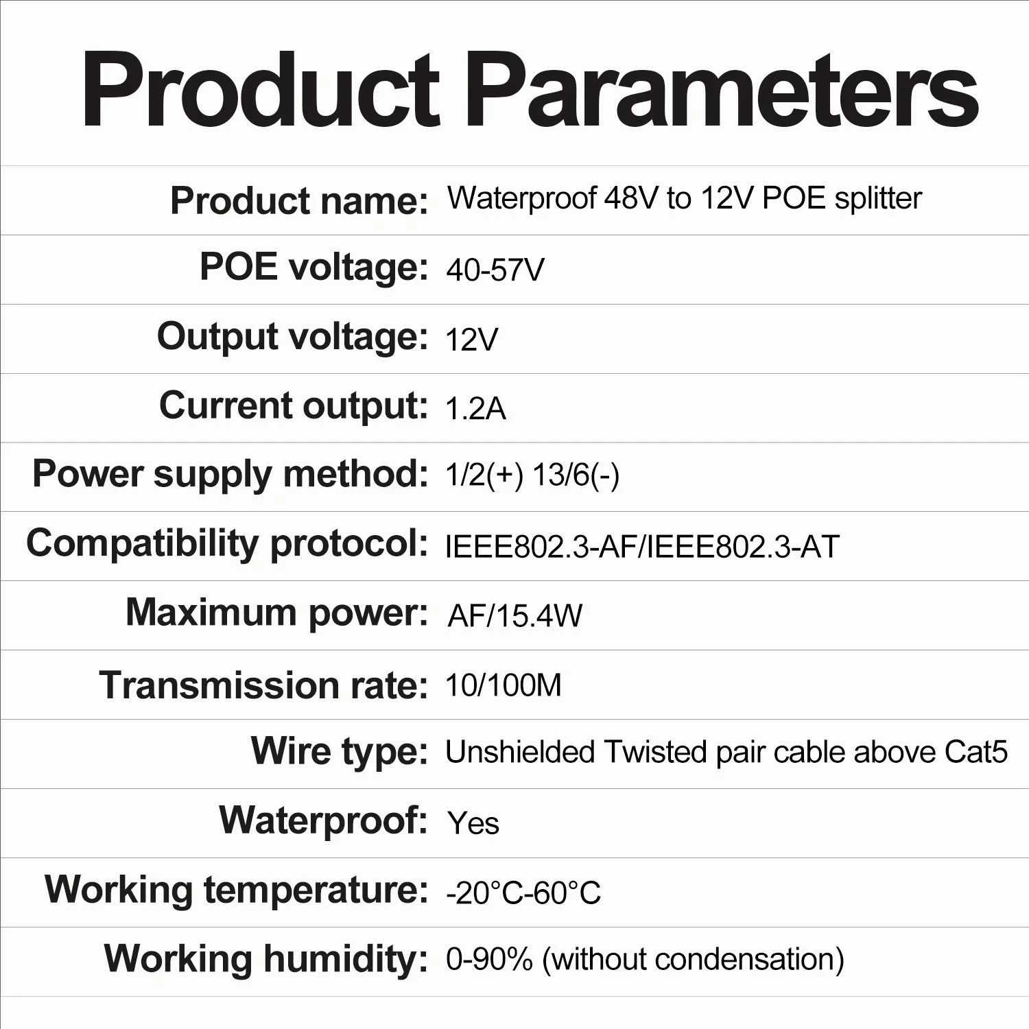 Waterproof POE Splitter IP67 48V to 12V IEEE 802.3af/at Adapter for Outdoor IP Camera CCTV Security System