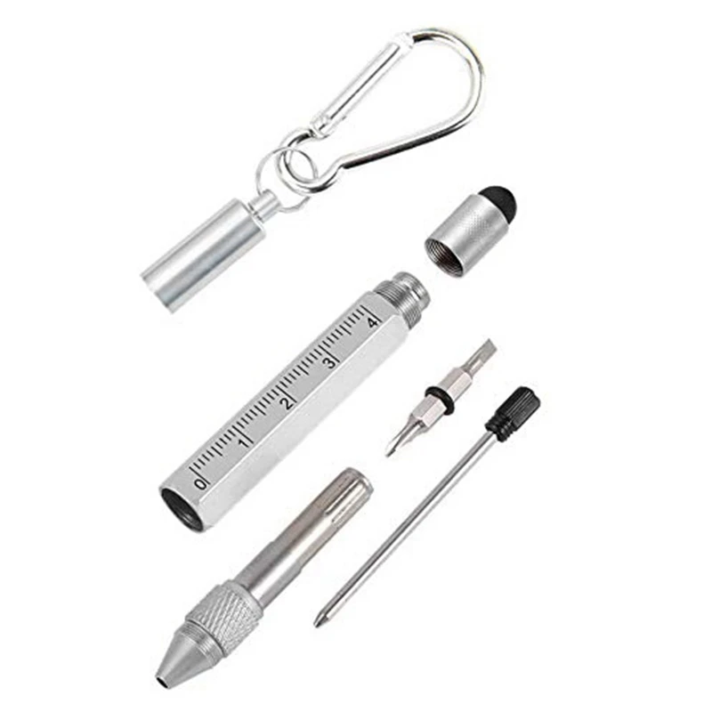 New6 In 1 Multi Tool Tech Tool Pen Key Ring Screwdriver Pen With Ruler Two-Head Ballpoint Pen Refills Metal Tool Pen