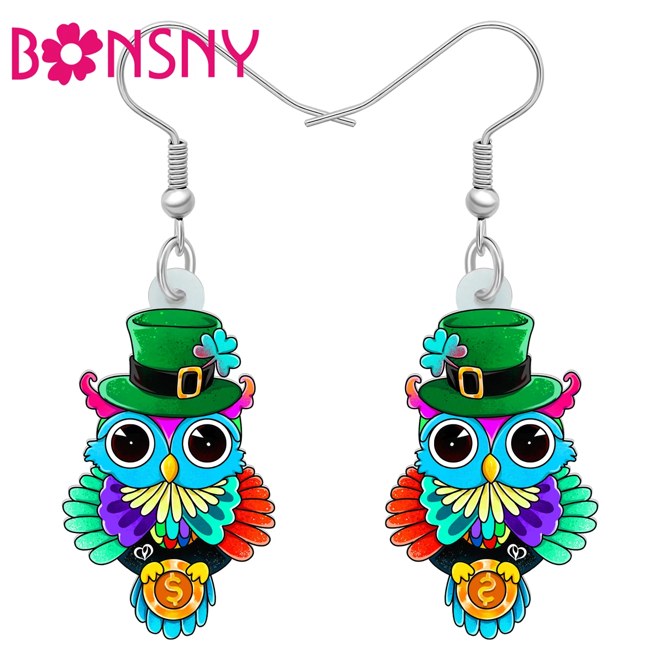 Bonsny Acrylic St Patricks Day Big Eyes Hat Owl Earrings Birds Drop Dangle Fashion Jewelry For Women Girls Teens Charms Gifts