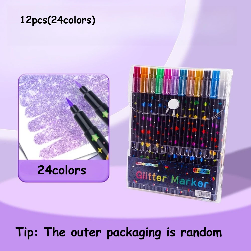 24 Farben Bunte Doppelseitige Glitzerstifte mit Schnelltrocknender Kleberähnlicher Tinte - Feine Spitze für Scrapbooking, Kartenherstellung