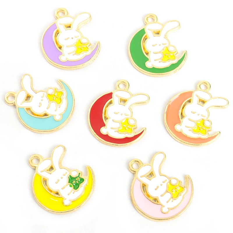 7New cartoon moon rabbit holding a stardiyOil-drip alloy jewelry bracelet, earrings, pendant accessories Suitable for decorating