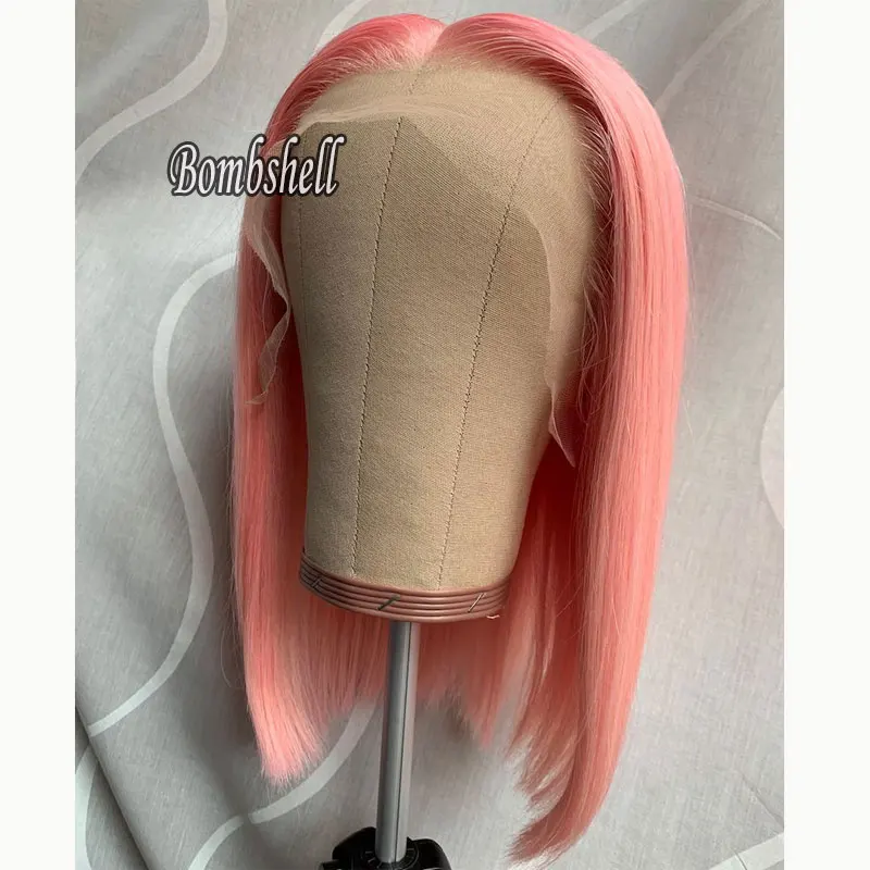 Peach Pink Short Straight Hair Bob Wig Synthetic 13x4 Lace Front Wigs High Quality Heat Resistant Fiber Hair For Fashion Women