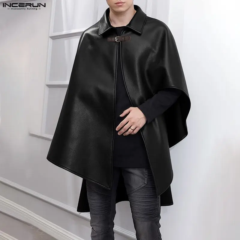 INCERUN Men Irregular Trench Solid Color Cloak Cape Lapel PU Leather Casual Male Coats Streetwear 2025 Fashion Loose Ponchos Men