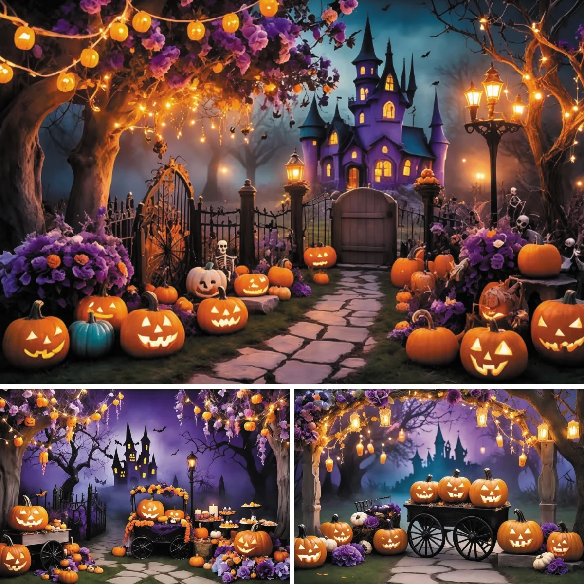 Purple Halloween Castle Backdrop Glowing Pumpkin Patch String Lights Photography Background Spooky Night Party Photo Booth Decor