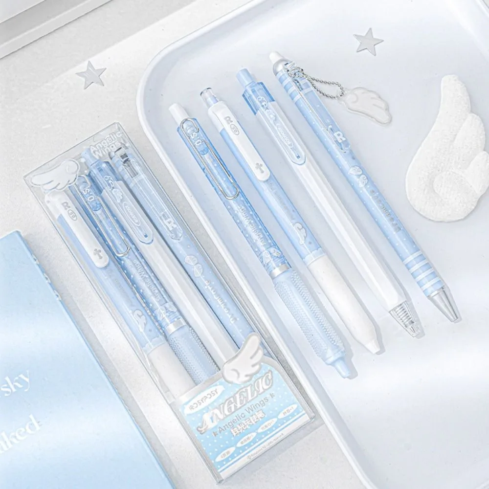 New High Quality 4Pcs/Set 0.5mm Pearl Angel Gel Pen Set Soft Comfort Grip Wing Design Black Ink Exam Pens Smooth Writing Gel Ink
