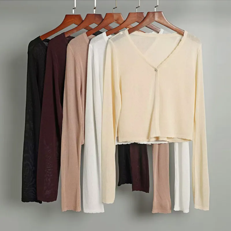 

Ultra-Thin Long-Sve Knitted Ice Silk Women's oulder Wrap Cardigan V-Ne Button-Up Slim Fit Summer Air Conditioning Top