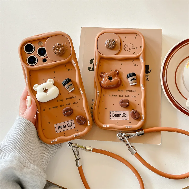 3D Kaffee Cartoon Bär Handyhülle mit Handschlaufe für iPhone 17 16 15 14 13 12 Pro Max Push-Pull Schiebekamera stoßfeste Abdeckung