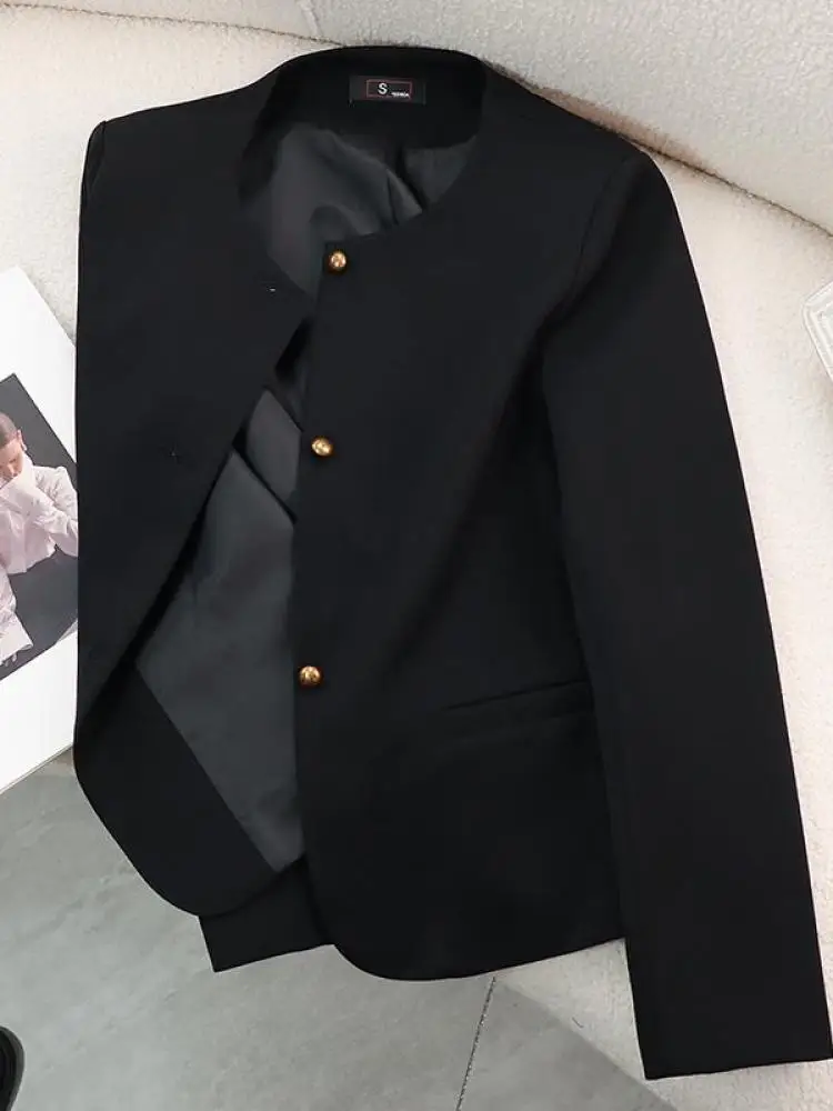 

Black Beige Temperament Round Neck Single Breasted Tops Women's Long Sleeve Spring Autumn Pink Slim Blazer Coat Office Ladies