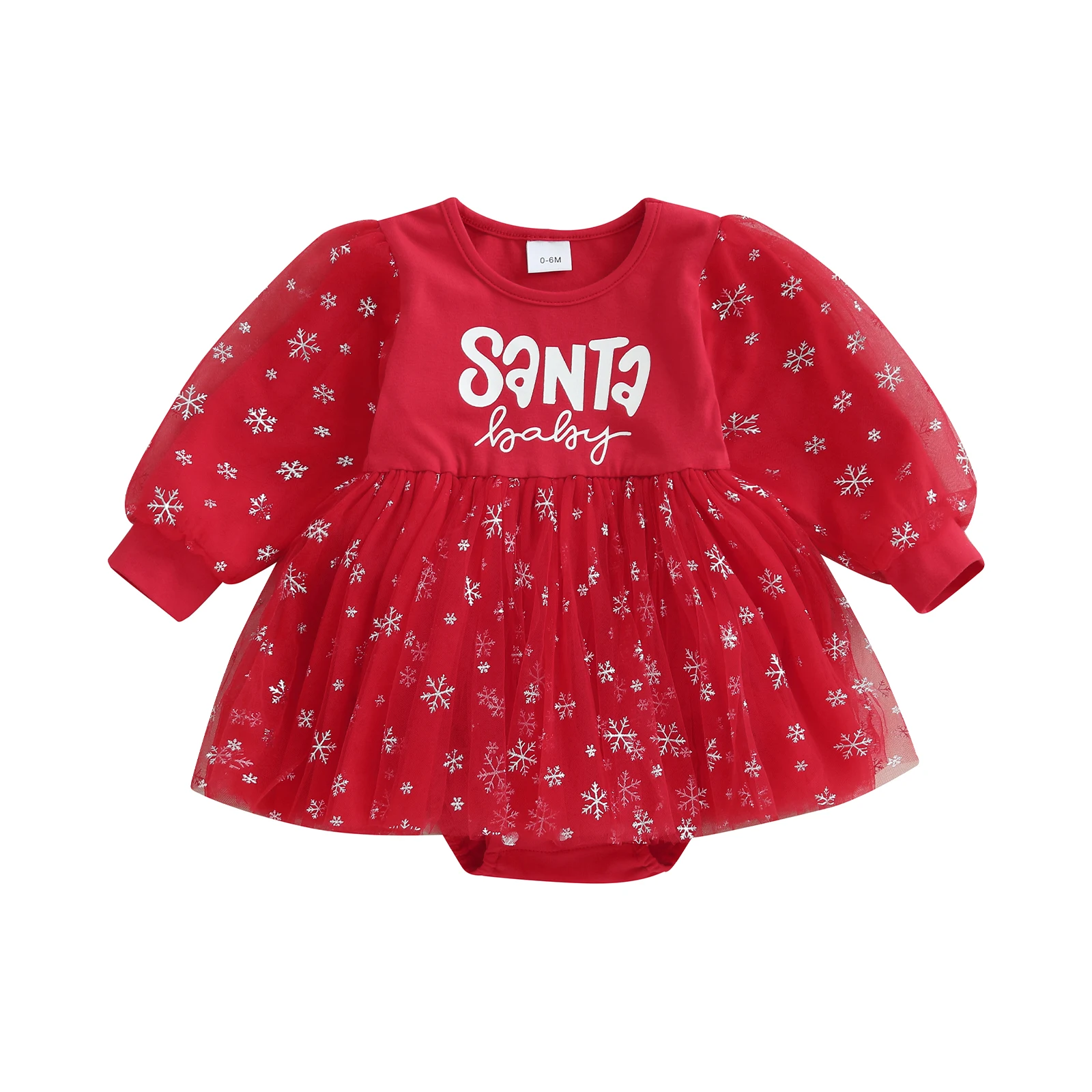 

Infant Girls Holiday Romper Dress with Long Sleeves and Round Neckline Featuring Tulle Patchwork Design