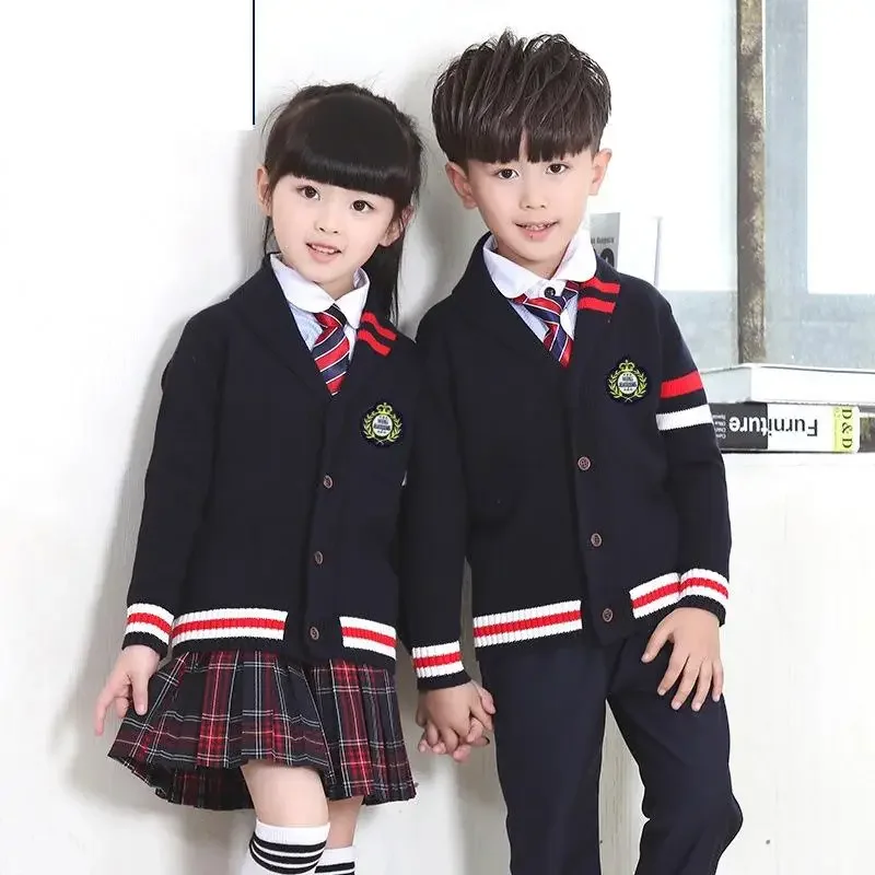 Kinder Schuluniform Mädchen Jungen Pullover Top Rock Hosen Kragen Anzug Plaid koreanische Baumwolle Kindergarten japanische Kleidung Outfit